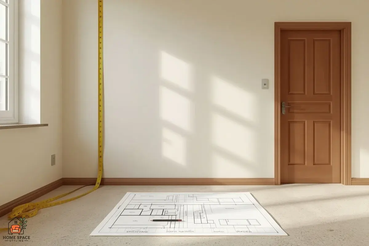Measuring tape and graph paper floor plan on the floor of an empty studio apartment