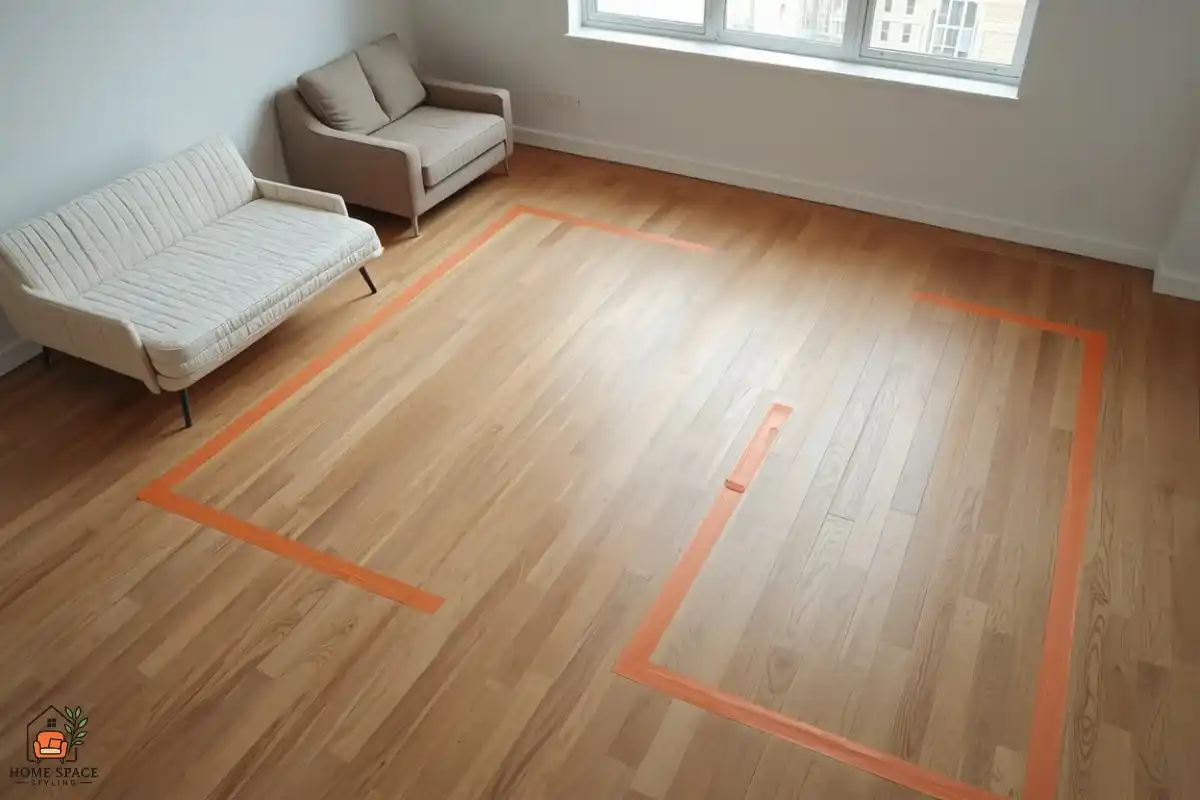 Painter's tape outlines of a bed, sofa and desk on an empty studio apartment floor