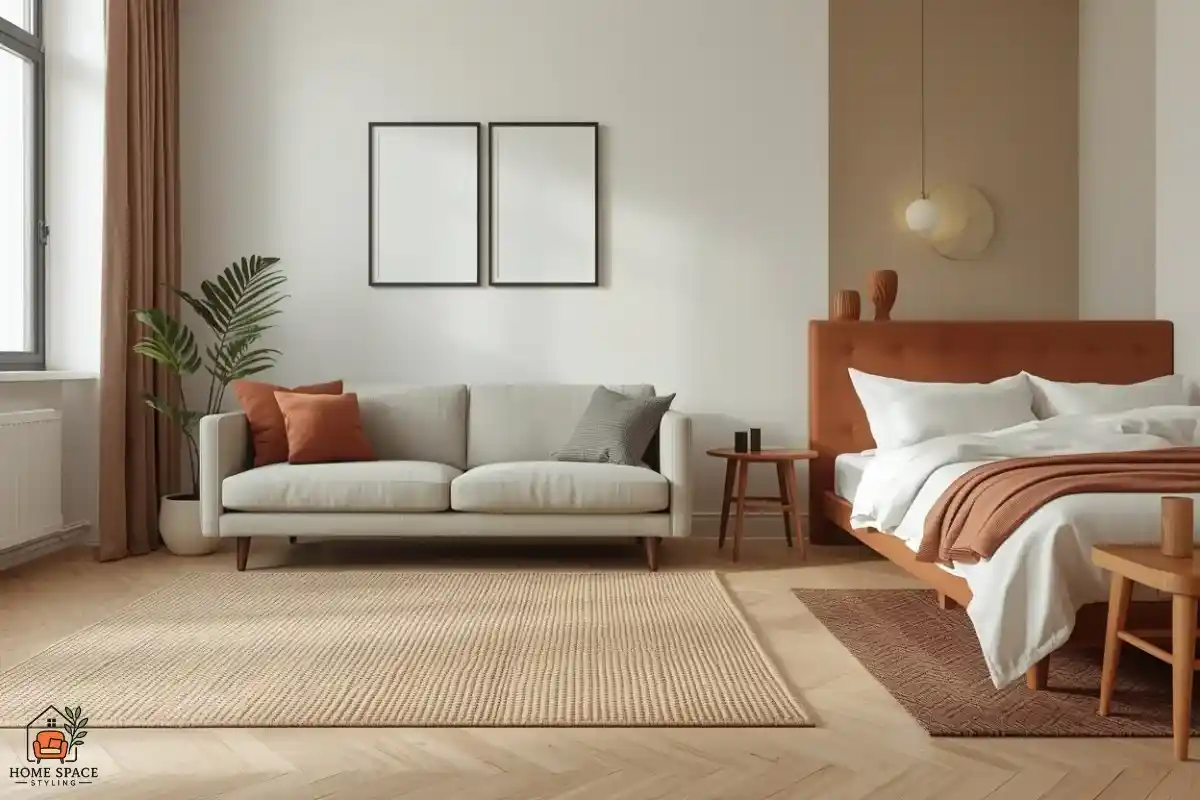 Studio apartment with two rugs separating the living area from the sleeping area