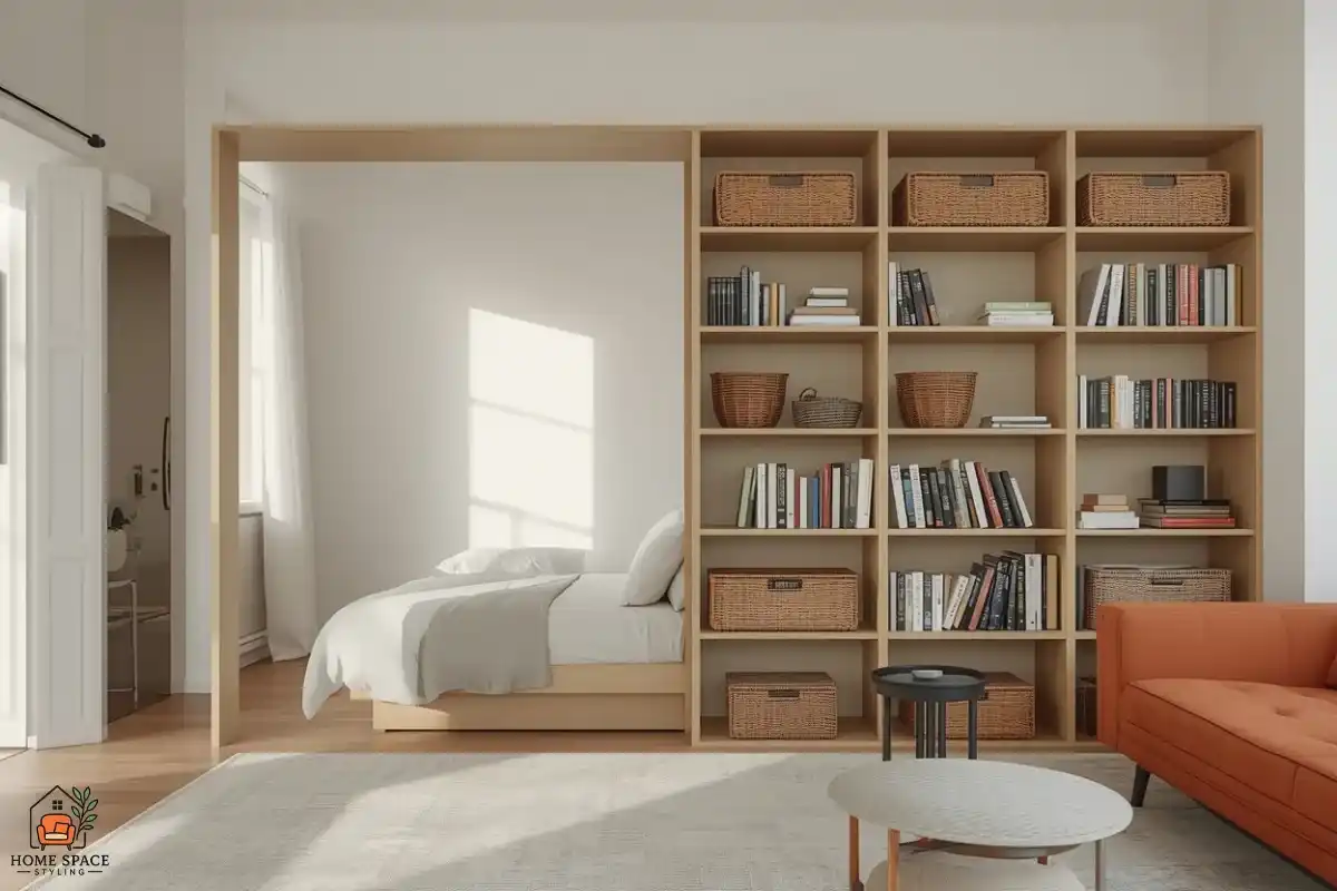 Open-back bookcase dividing the bed area from the sofa area in a studio apartment