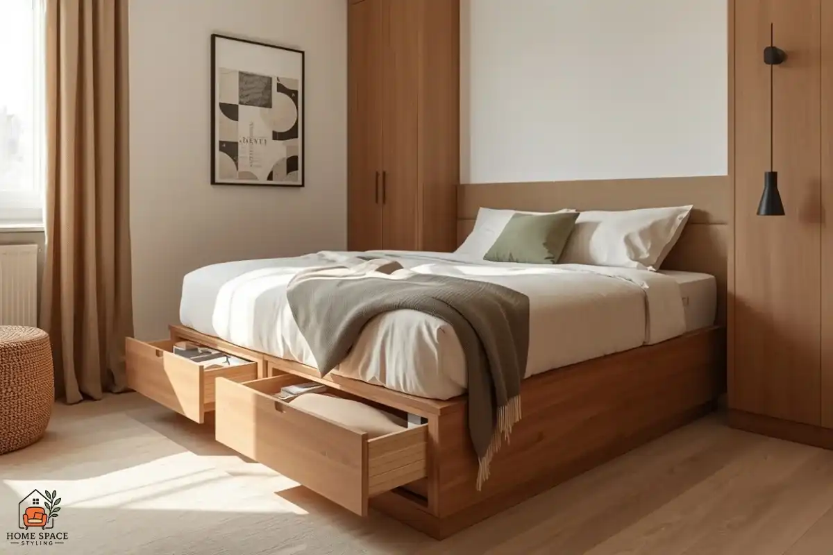 Platform storage bed with open drawers in a small studio apartment bedroom area