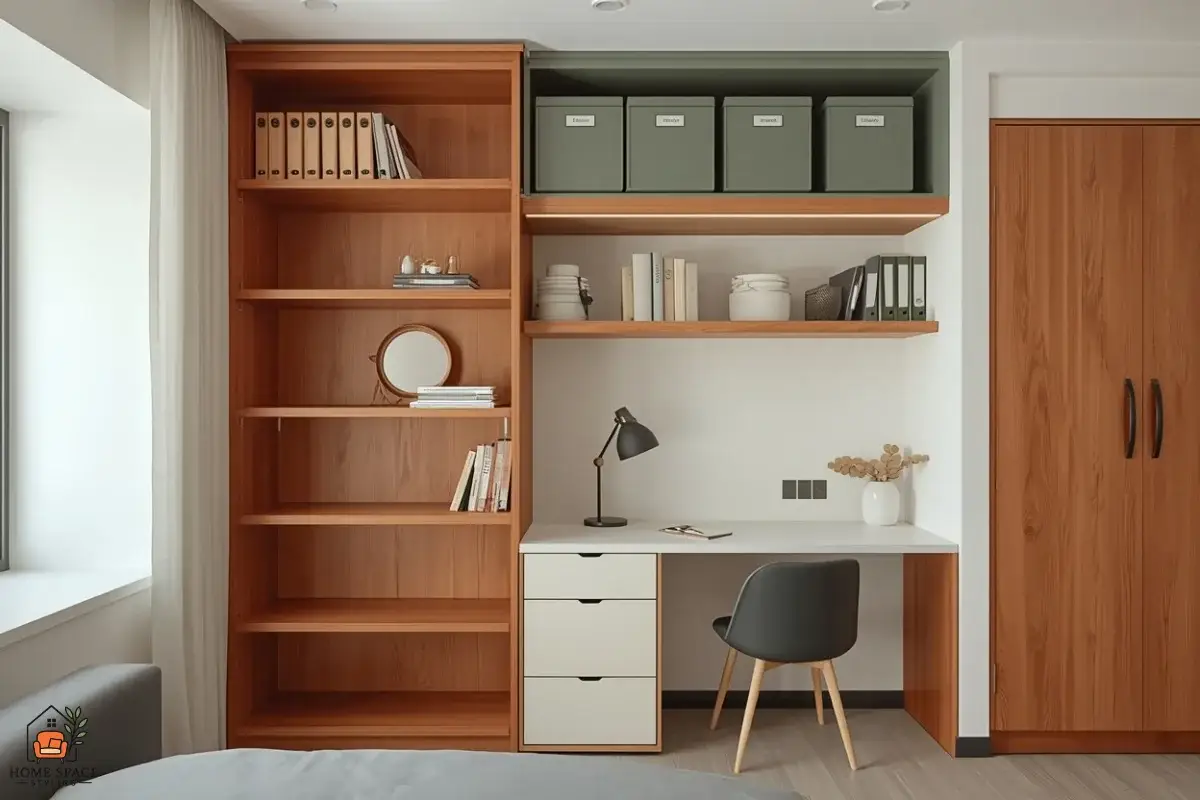 Tall narrow bookcase and floating shelves using wall space in a small studio apartment