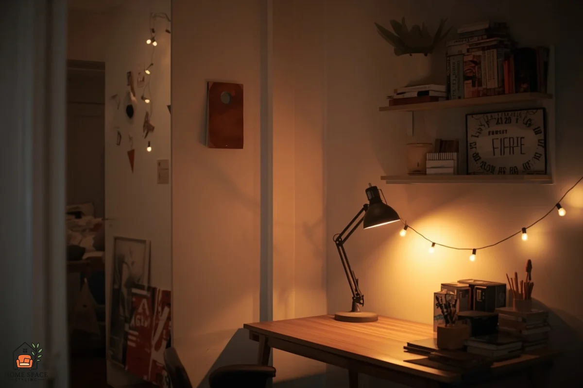Layered lighting with a floor lamp, desk lamp and string lights in a studio apartment corner