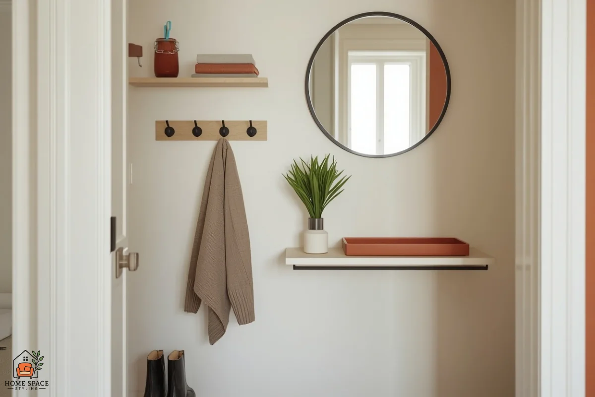 Studio apartment entry with wall hooks, shoe tray, small shelf and mirror