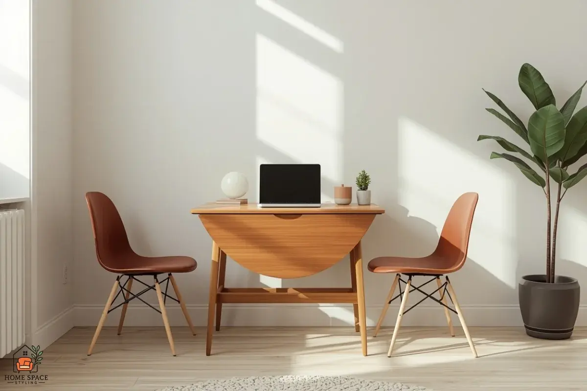 Drop-leaf folding table with two chairs in a small studio apartment