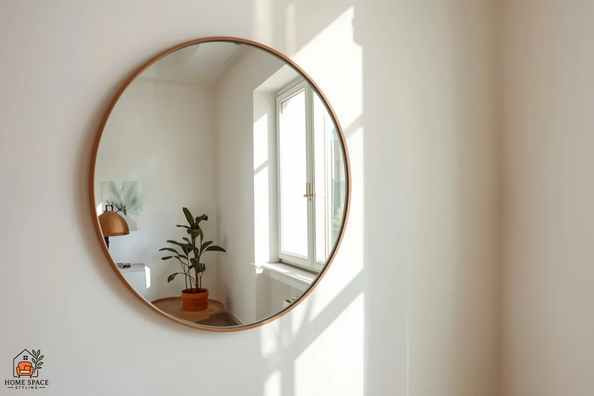 Large round mirror opposite a window reflecting daylight in a studio apartment