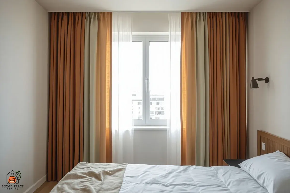 Floor-length curtains hung high and wide on a studio apartment window