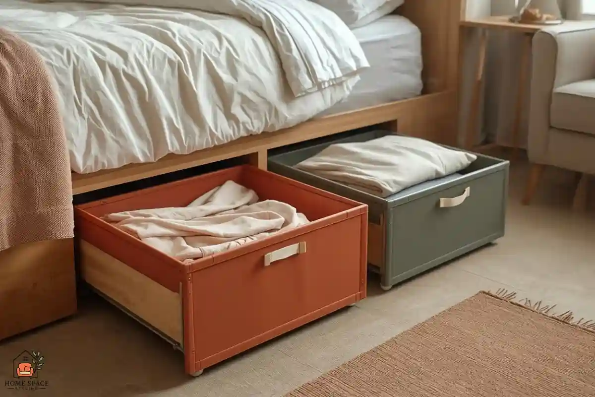 Storage bins with wheels sliding out from under a bed and sofa in a studio apartment