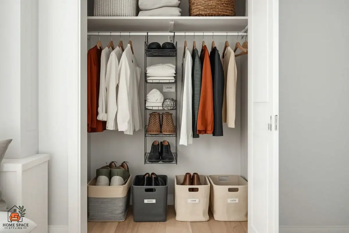 Small closet with a double hanging rod and over-the-door shoe organizer