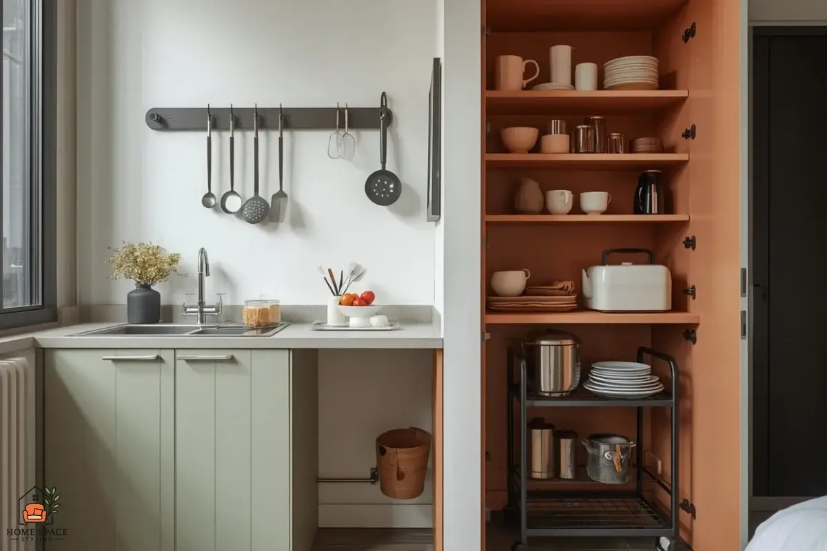Small kitchenette with a wall rail, magnetic knife strip and tiered cabinet shelf