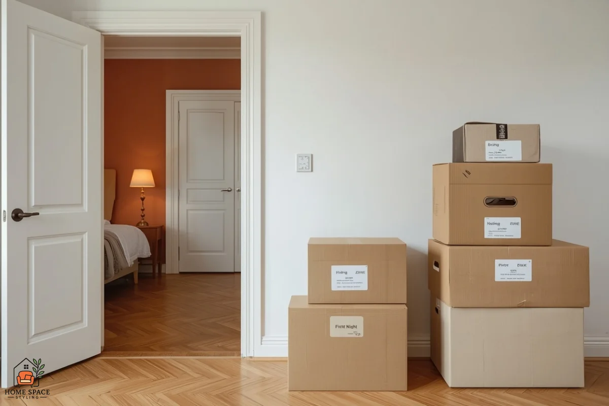Labeled first-night moving box beside zone-labeled boxes in an empty studio apartment