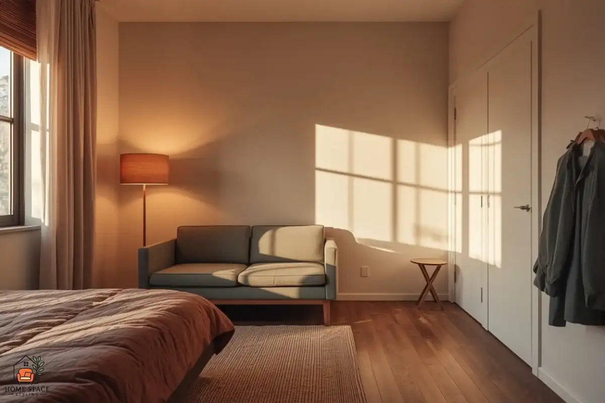 Finished studio apartment in warm late-afternoon light with bed zone, sofa zone, small table and entry hooks all working together