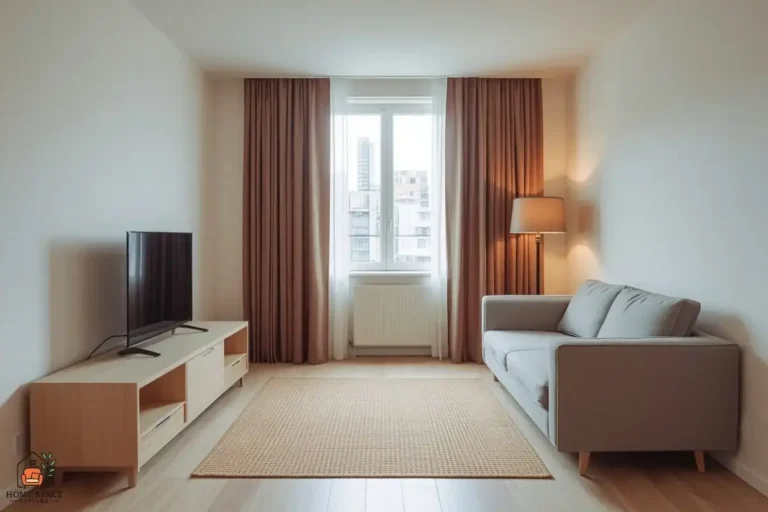 Studio apartment setup ideas shown in a tidy small studio with a defined sleeping zone and living zone