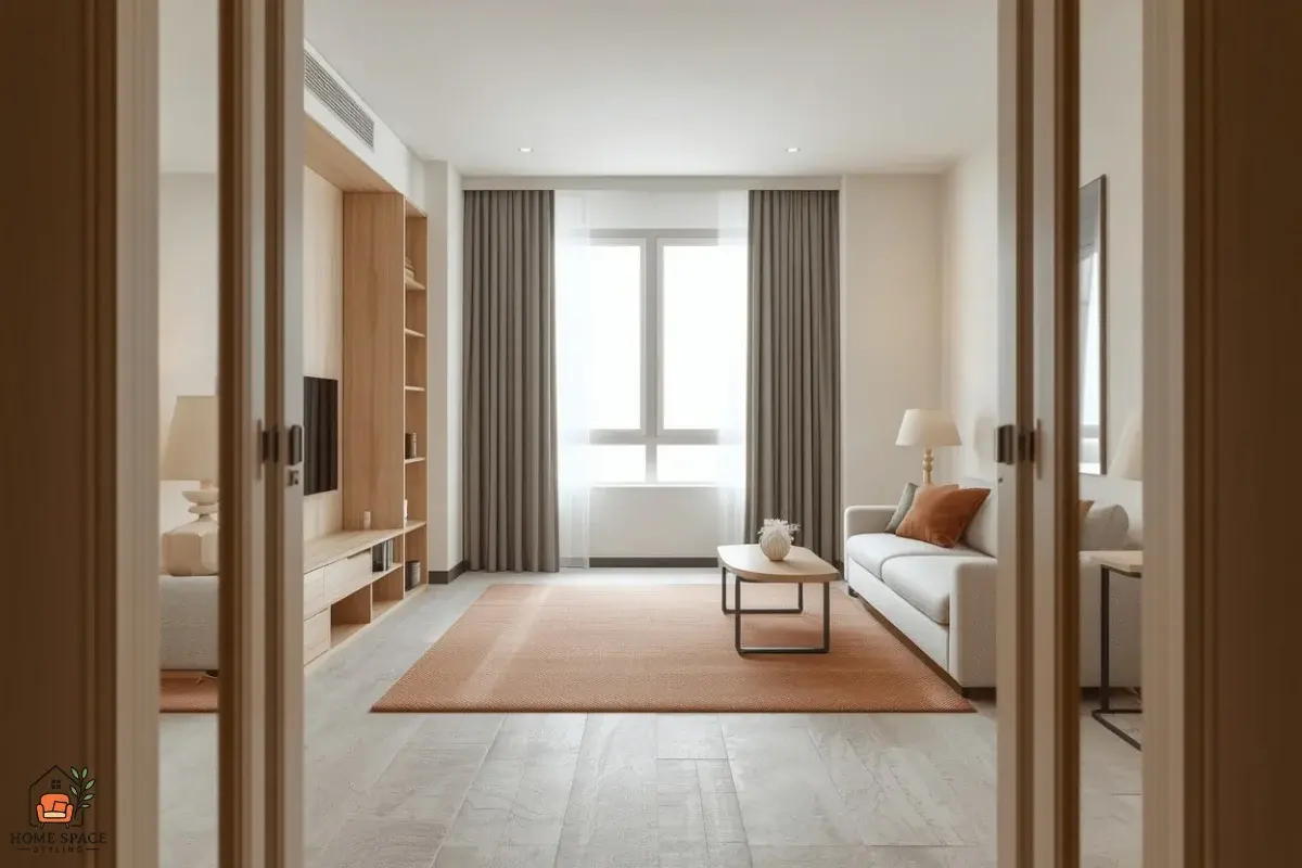 Wide view of a studio apartment with separate sleeping, living and entry zones and a clear walkway